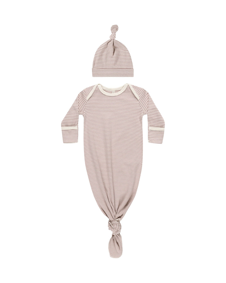 Quincy Mae Knotted Gown + Hat Set - Mauve Stripe