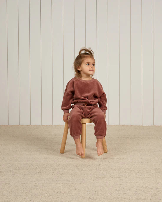 Quincy Mae Velour Relaxed Sweatshirt + Sweatpants Set - Cranberry