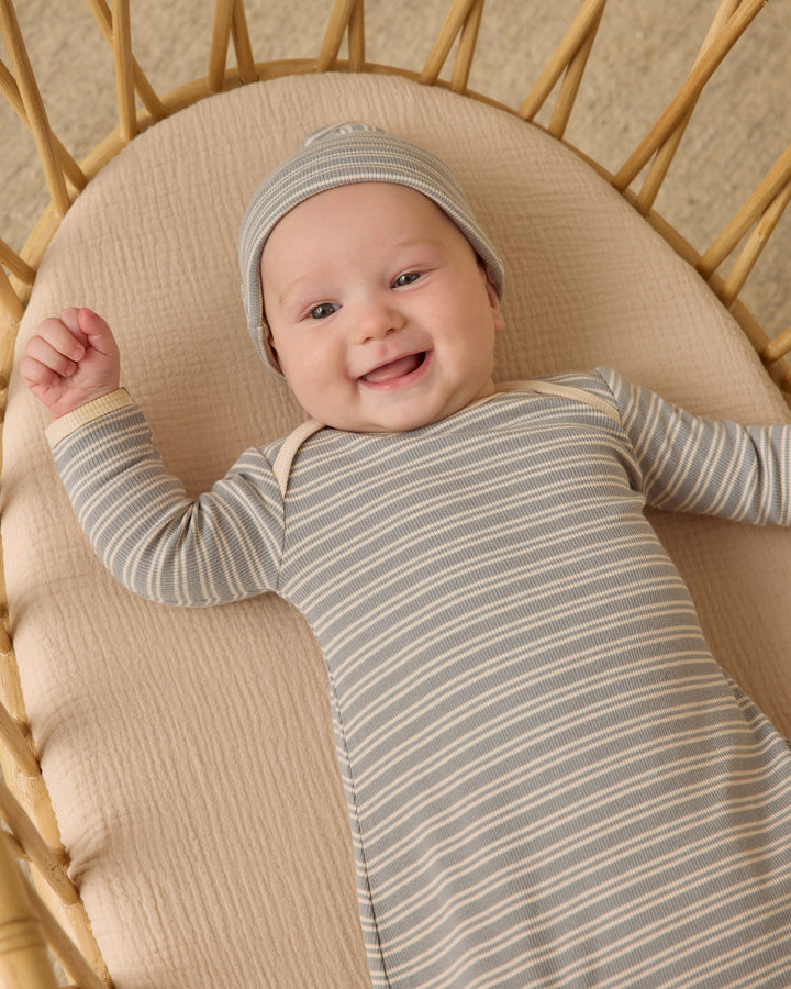 Quincy Mae Knotted Baby Gown + Hat Set - Steel Blue Micro Stripe