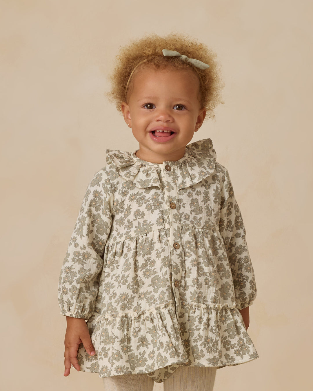 Quincy Mae Ruffle Collar Button Dress - Green Floral