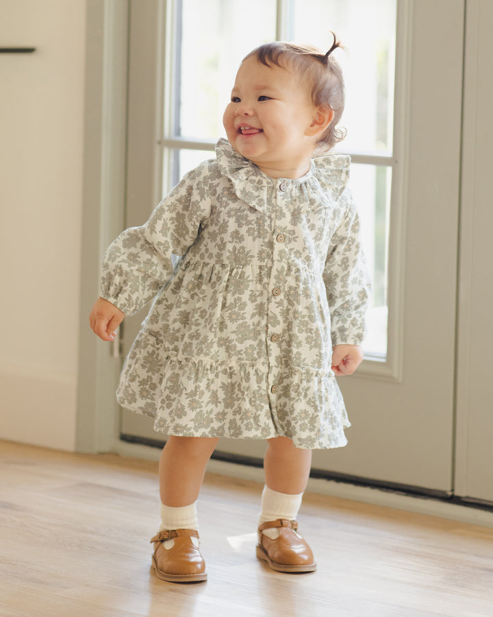 Quincy Mae Ruffle Collar Button Dress - Green Floral