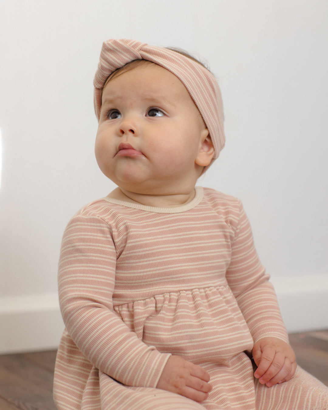 Quincy Mae Ribbed Long Sleeve Dress -Dusty Rose Microstripe