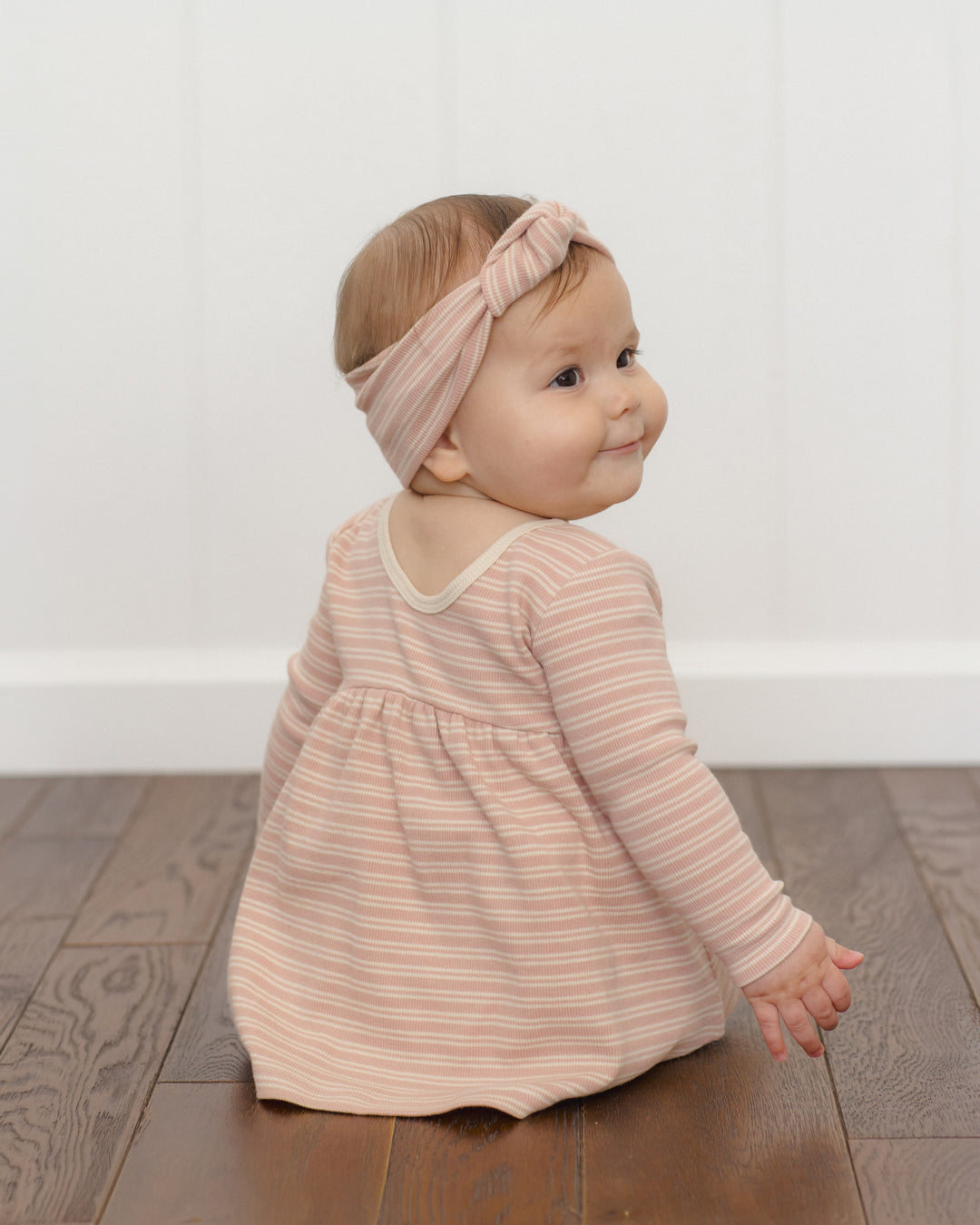 Quincy Mae Ribbed Long Sleeve Dress -Dusty Rose Microstripe