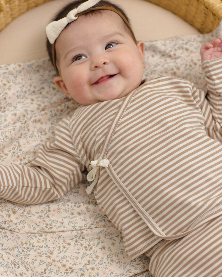 Quincy Mae Wrap Top + Footed Pant Set - Almond Stripe