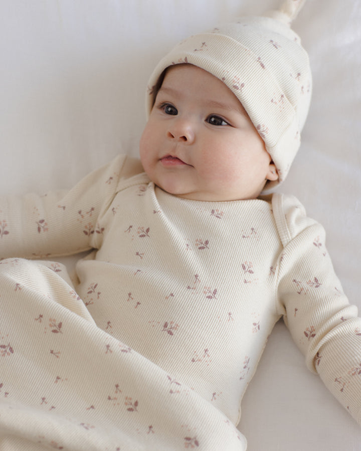 Quincy Mae Knotted  Baby Gown + Hat Set - Fall Ditsy
