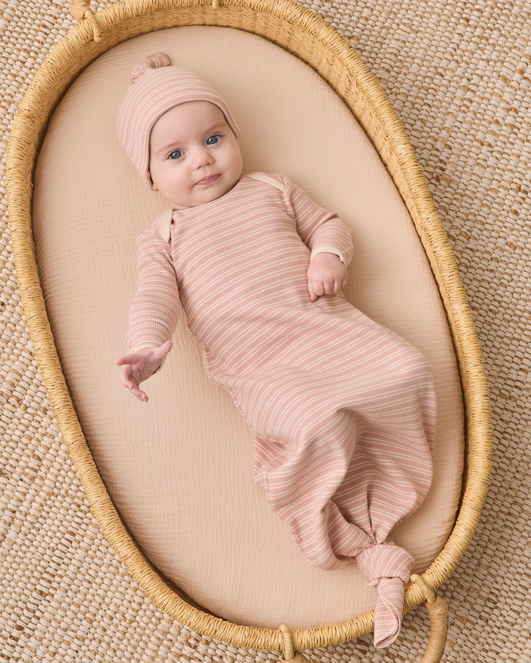 Quincy Mae Knotted  Baby Gown + Hat Set - Dusty Rose Microstripe