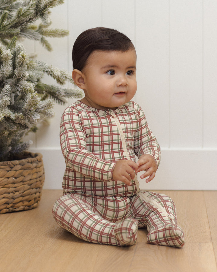 Quincy Mae Bamboo Zip Footie - Redwood Check