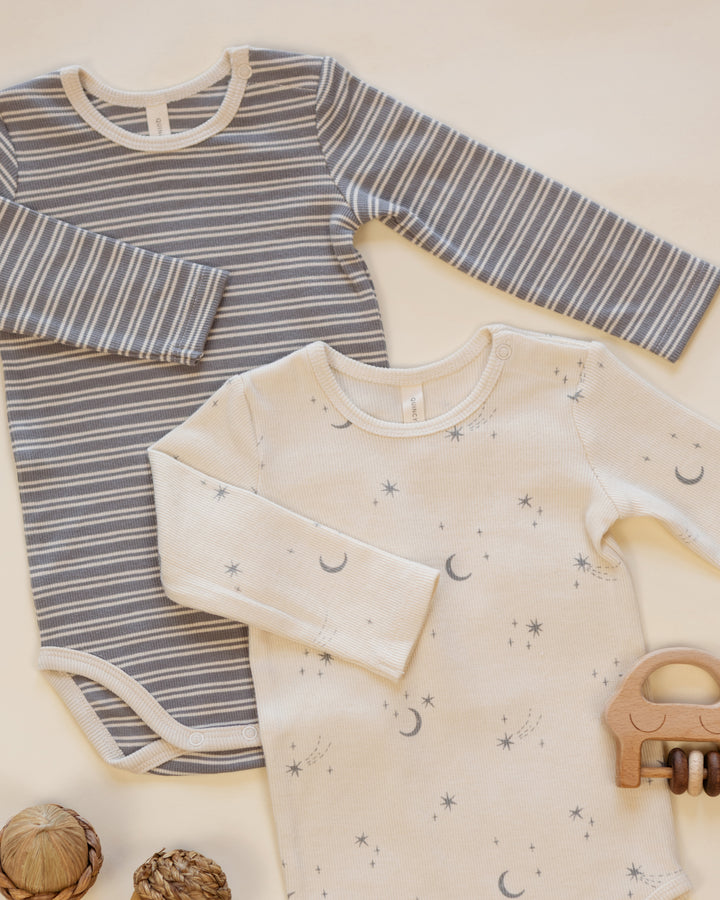 Quincy Mae Ribbed Bodysuit 2 Pack - Slate Microstripe, Celestial