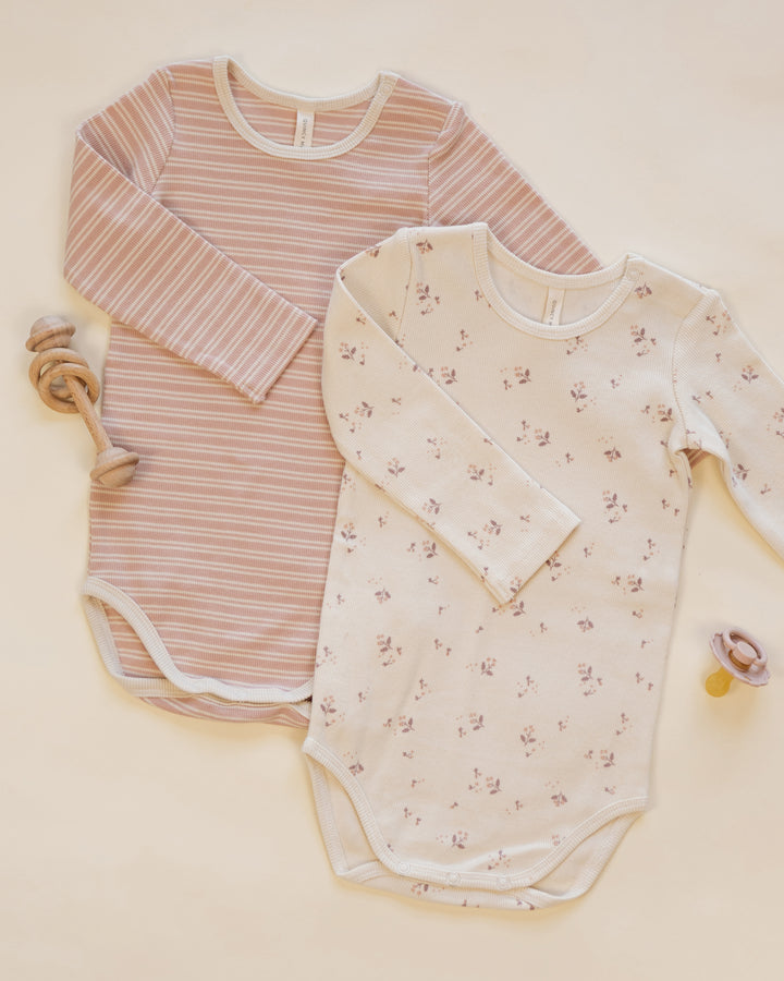 Quincy Mae Ribbed Bodysuit 2 Pack - Dusty Rose Microstripe, Fall Ditsy