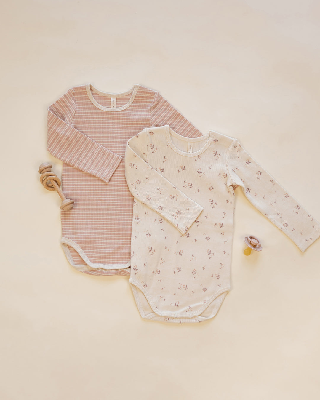 Quincy Mae Ribbed Bodysuit 2 Pack - Dusty Rose Microstripe, Fall Ditsy