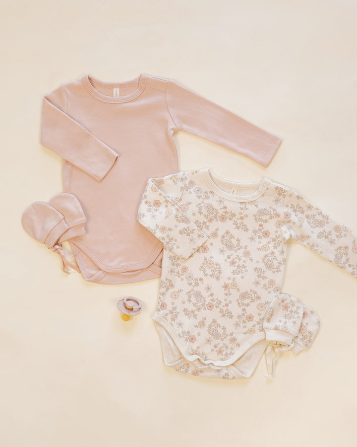 Quincy Mae Jersey Bodysuit 2-Pack - Flora Vine, Dusty Rose