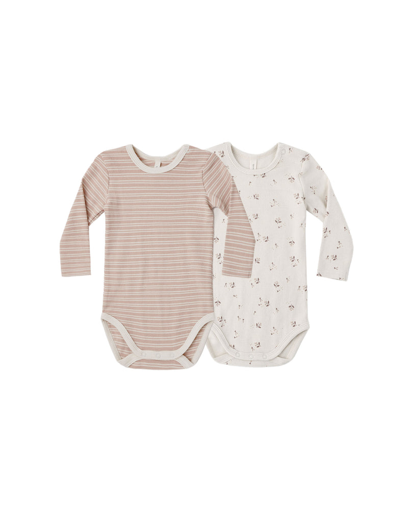 Quincy Mae Ribbed Bodysuit 2 Pack - Dusty Rose Microstripe, Fall Ditsy