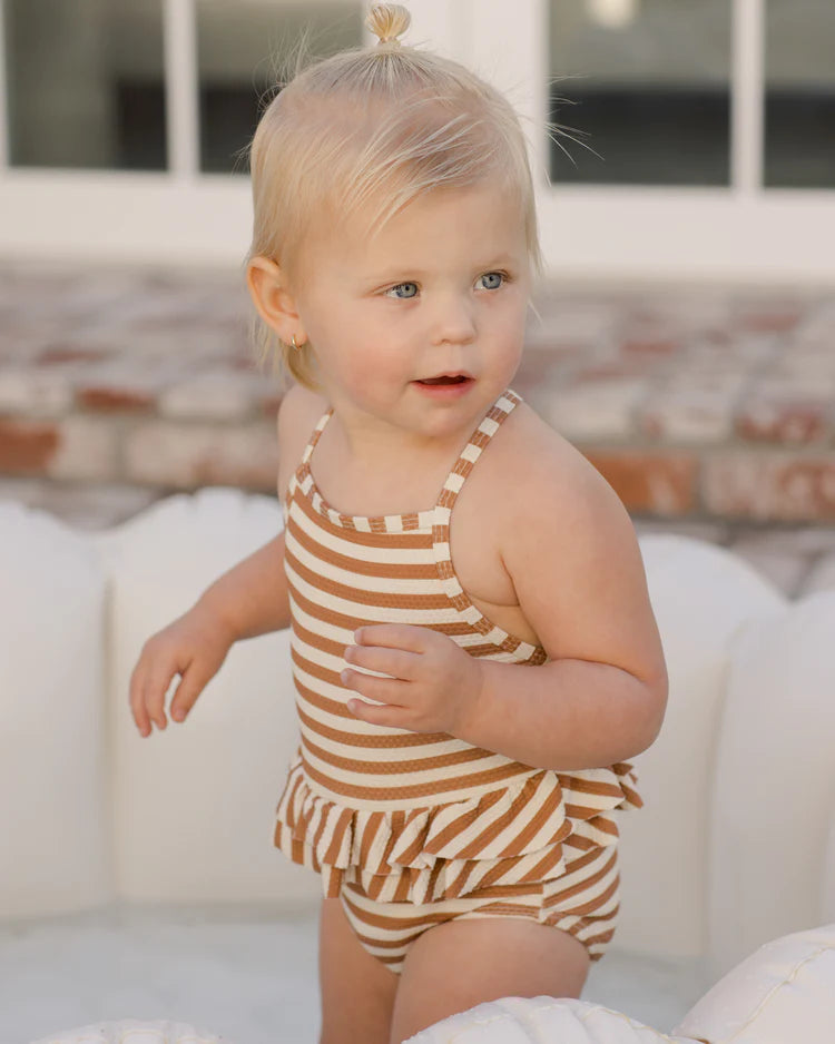 Quincy Mae Ruffled One-Piece Swimsuit - Clay Stripe