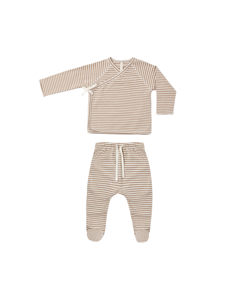 Quincy Mae Wrap Top + Footed Pant Set - Almond Stripe