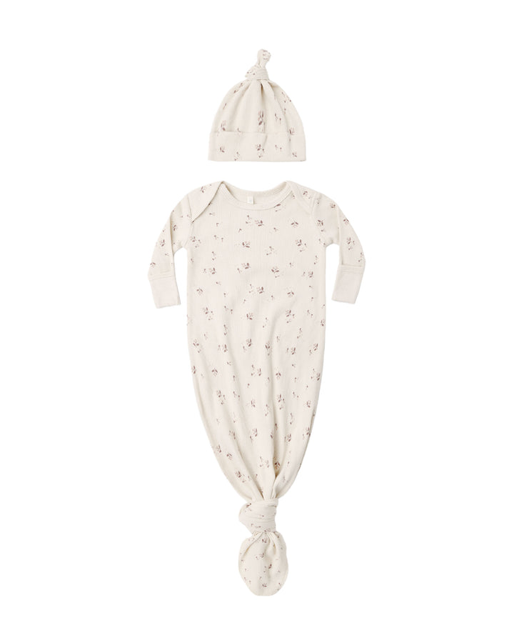 Quincy Mae Knotted  Baby Gown + Hat Set - Fall Ditsy