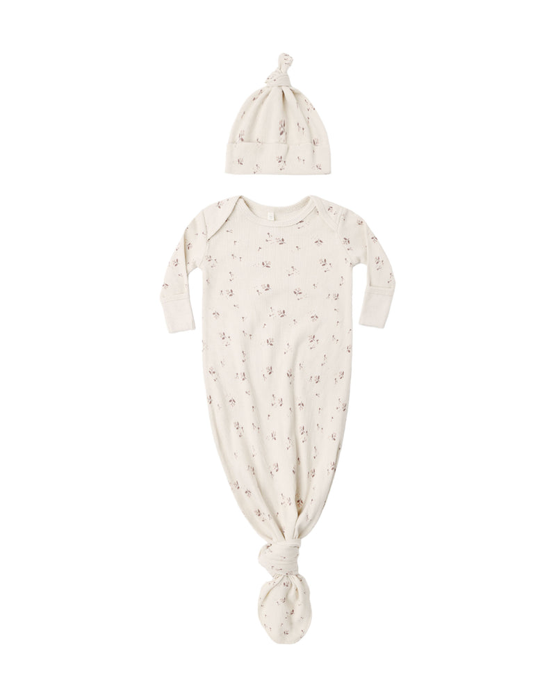 Quincy Mae Knotted  Baby Gown + Hat Set - Fall Ditsy