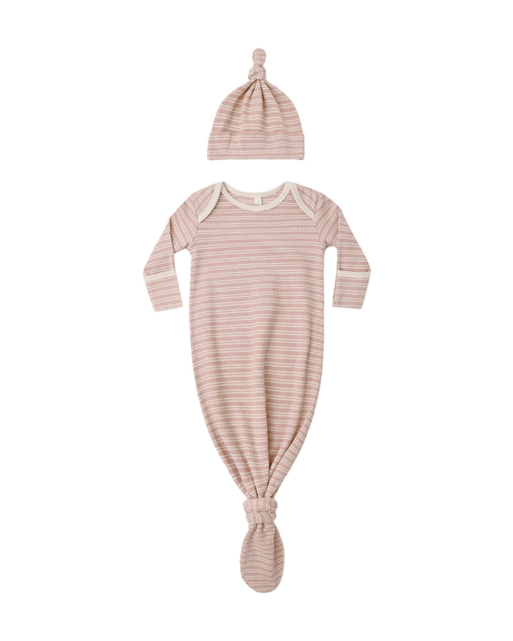 Quincy Mae Knotted  Baby Gown + Hat Set - Dusty Rose Microstripe
