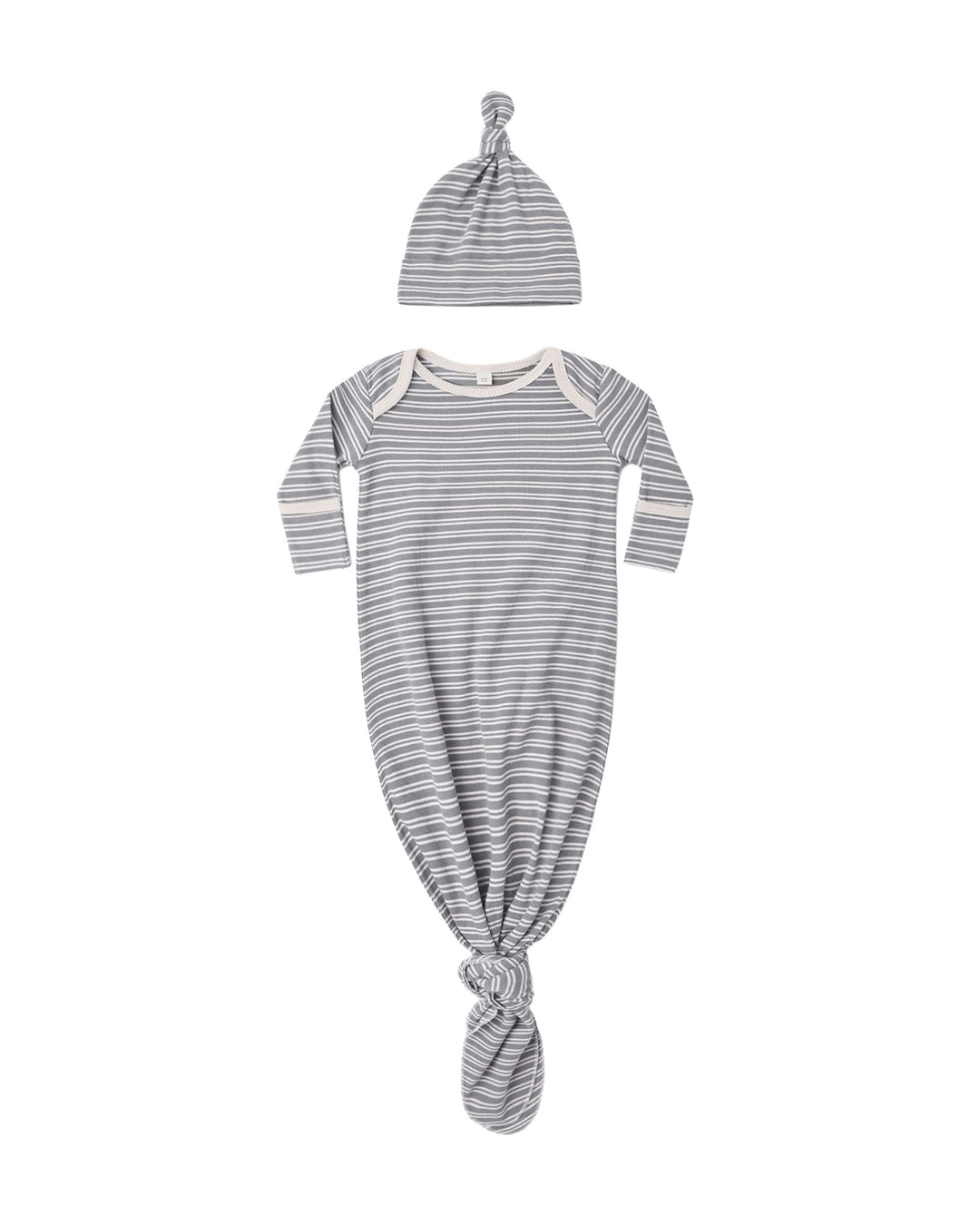 Quincy Mae Knotted  Baby Gown + Hat Set - Slate Microstripe