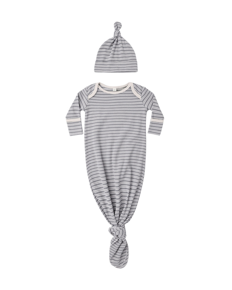 Quincy Mae Knotted  Baby Gown + Hat Set - Slate Microstripe