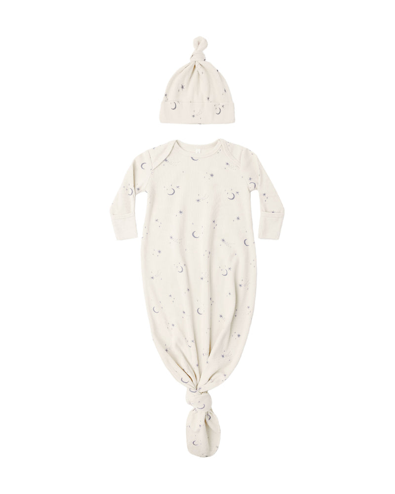 Quincy Mae Knotted  Baby Gown + Hat Set - Celestial