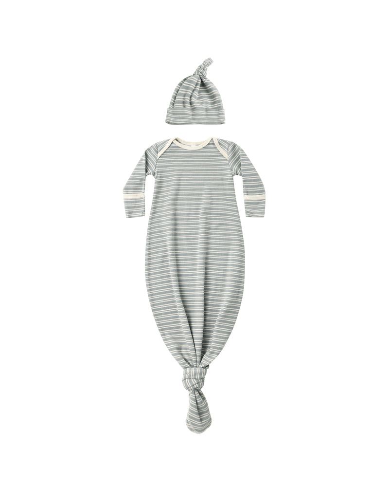 Quincy Mae Knotted Baby Gown + Hat Set - Steel Blue Micro Stripe