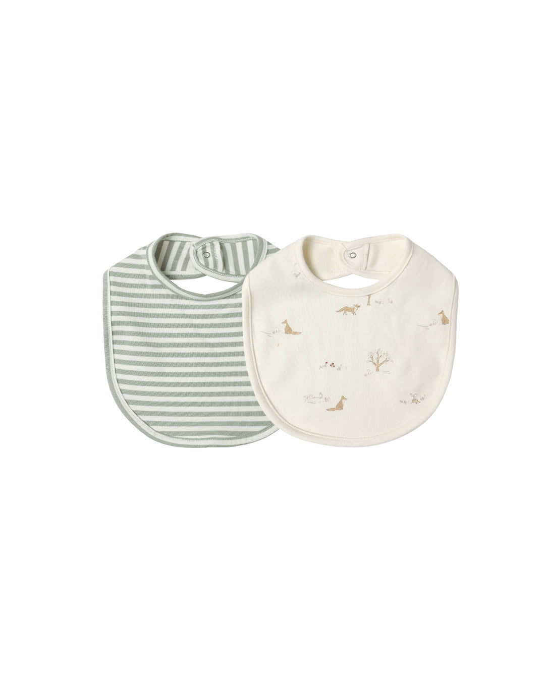 Quincy Mae Jersey Snap Bib, 2 Pack - Fox Land, Fern Stripe