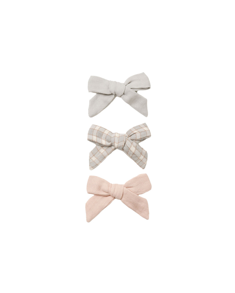 Quincy Mae Bow Clip Set Of 3 - Cloud, Blue Gingham, Dusty Rose