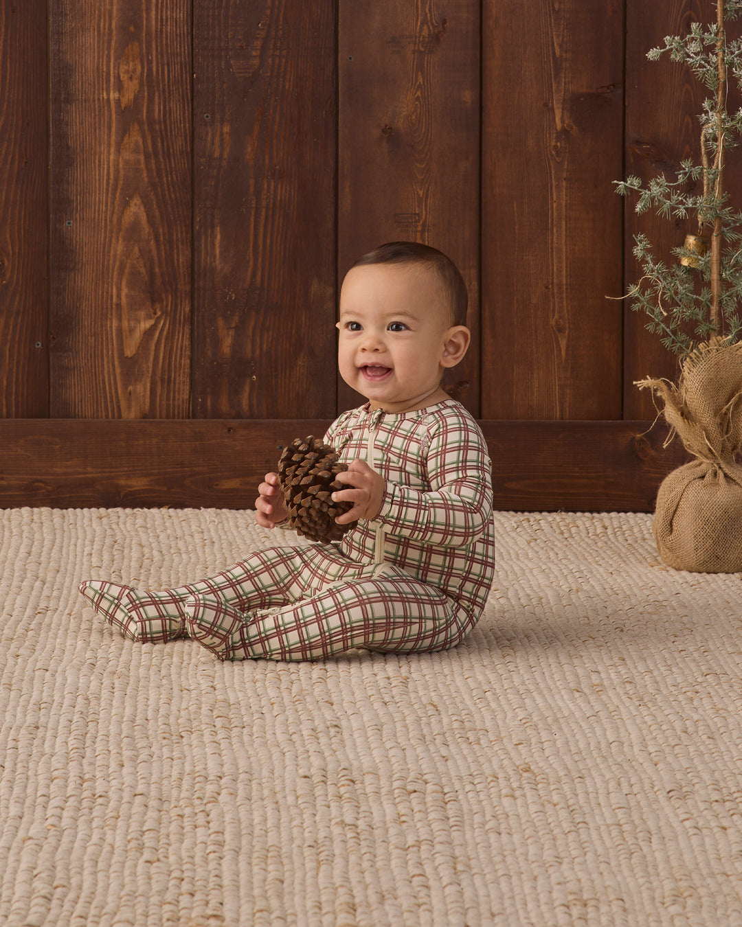 Quincy Mae Bamboo Zip Footie - Redwood Check