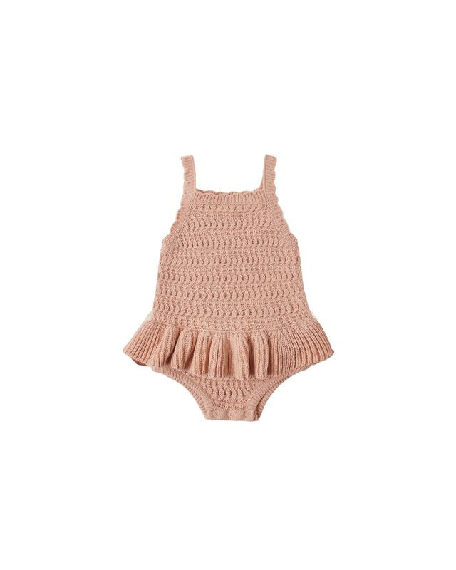 Rylee + Cru Crochet Ruffle Romper - Melon