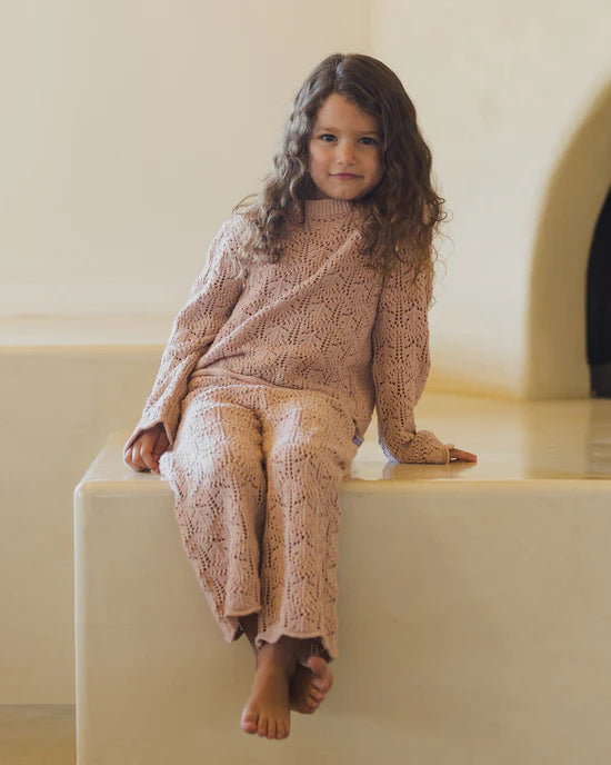 Rylee + Cru Crochet Knit Pullover + Pant Set - Rose