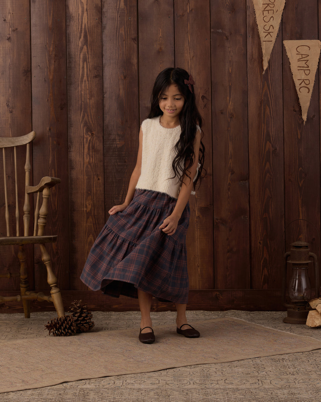 Rylee + Cru Tiered Midi Skirt - Midnight Plaid