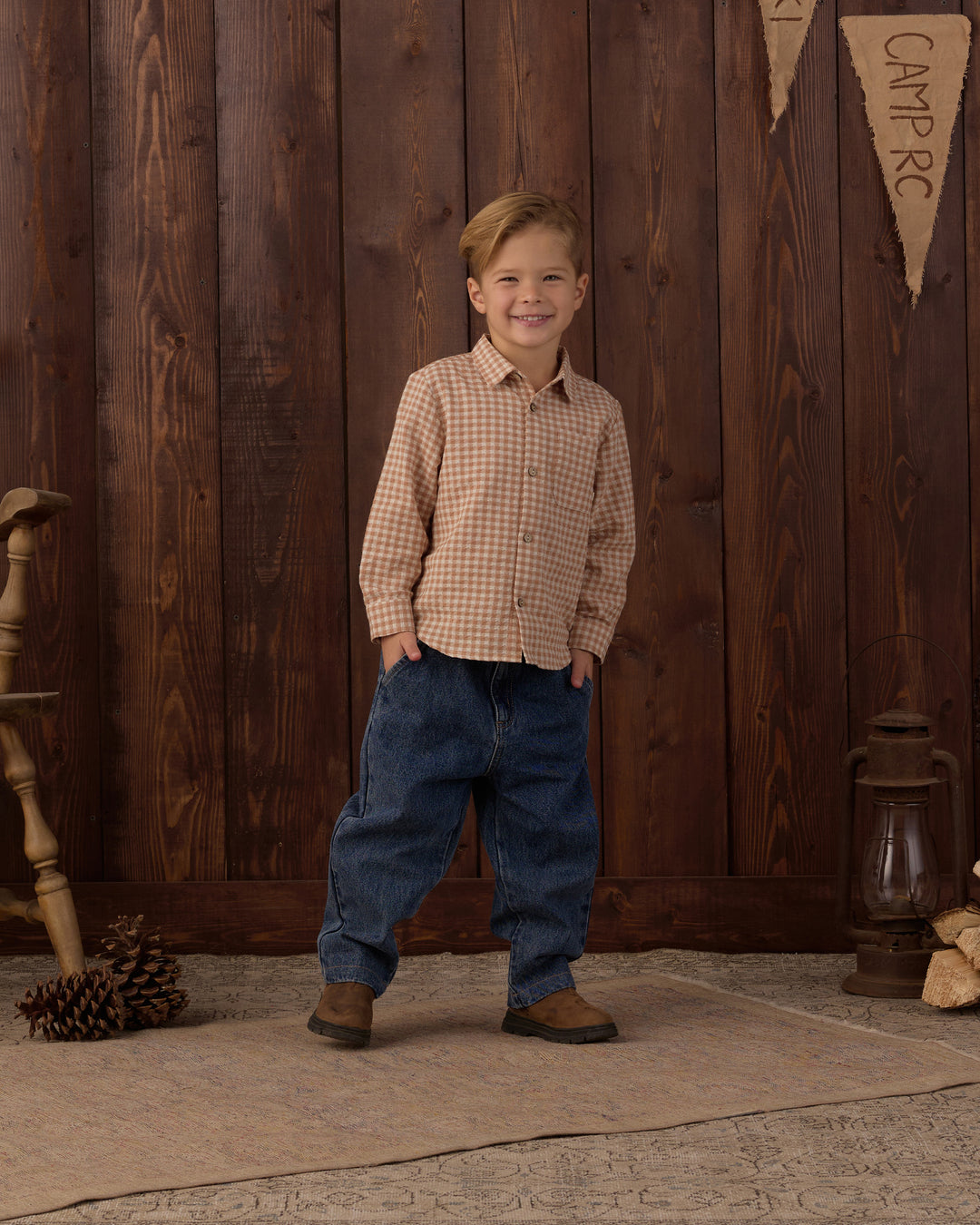 Rylee + Cru Collared Long Sleeve Shirt - Fawn Gingham