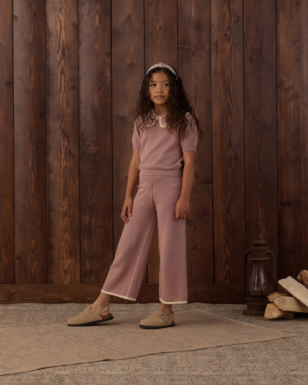 Rylee + Cru Pointelle Collared Top - Rosewood