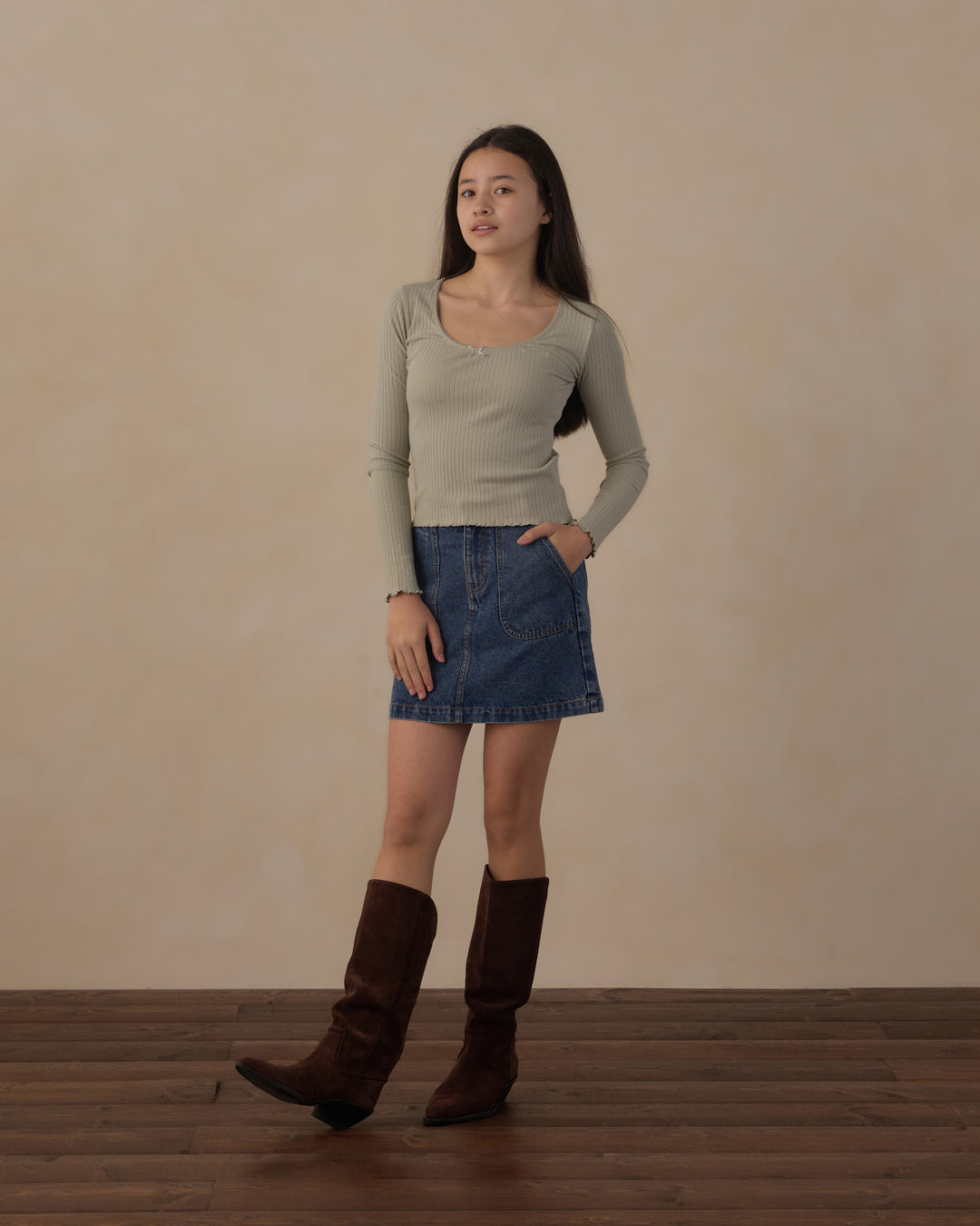 Rylee + Cru Teen Ribbed Long Sleeve Knit Tee - Sage