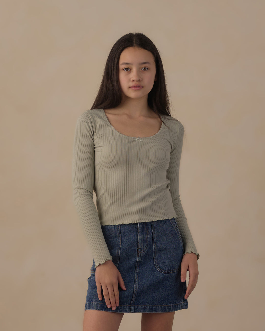 Rylee + Cru Teen Ribbed Long Sleeve Knit Tee - Sage