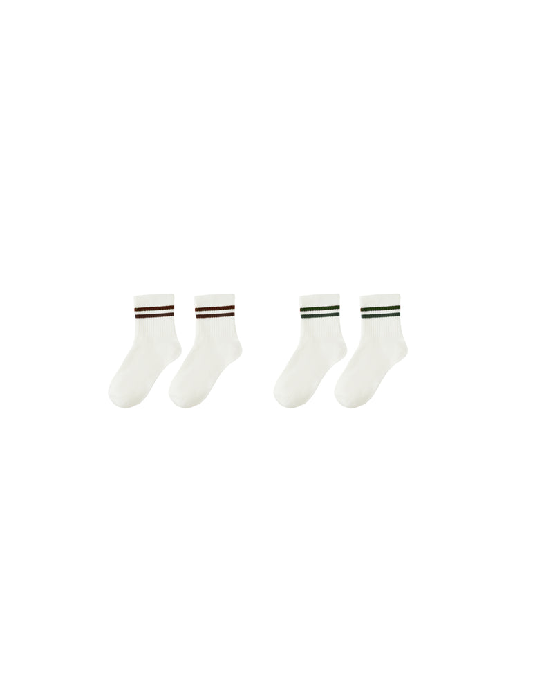 Rylee + Cru Stripe Socks, 2-Pack - Brown + Green Stripe