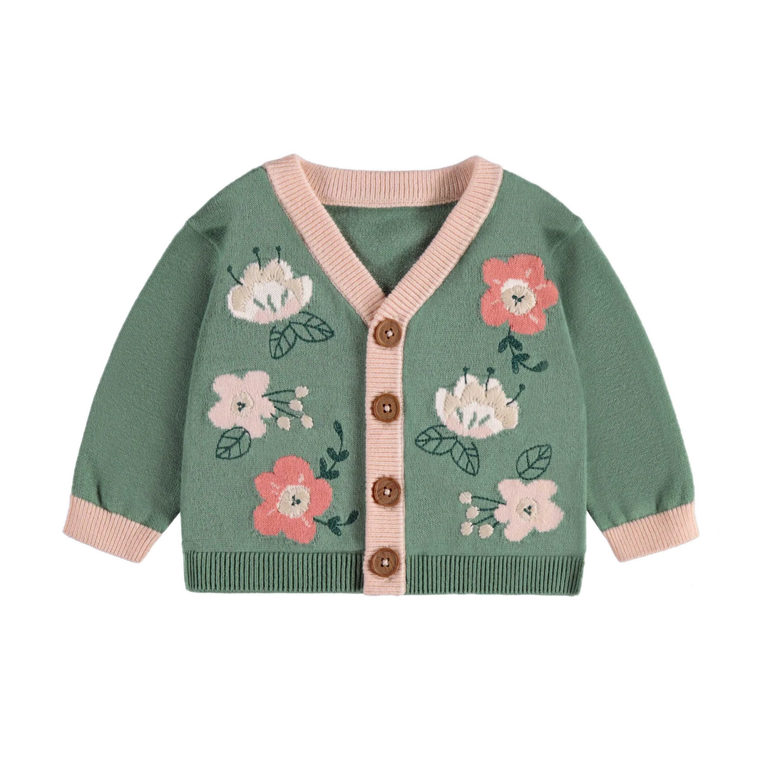 Souris Mini Long Sleeve Knitted Cardigan - Green Flowers