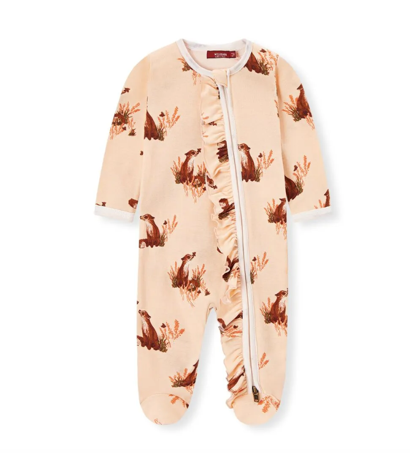 Milkbarn Zipper Footed Romper With Ruffle - Floral Fox