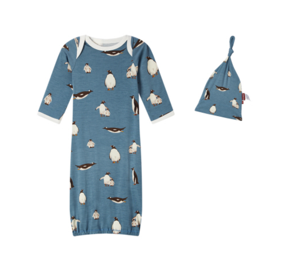 Milkbarn Penguin Luxe Stretch Gown & Hat Set