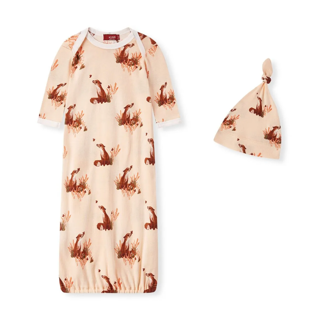 Milkbarn Floral Fox Organic Gown & Hat Set