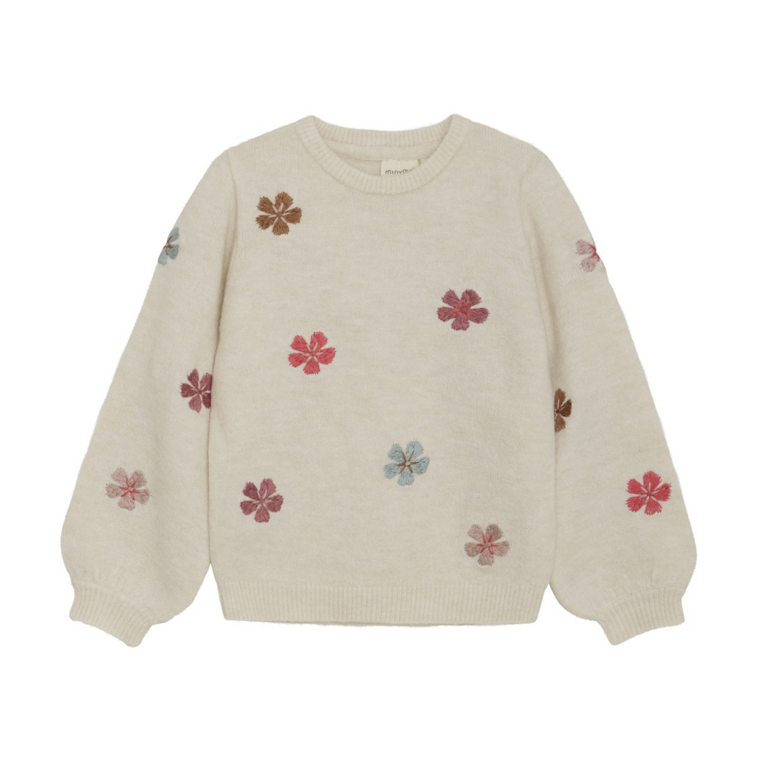 Minymo Embroidered Flower Pullover Knit Sweater - Sandshell