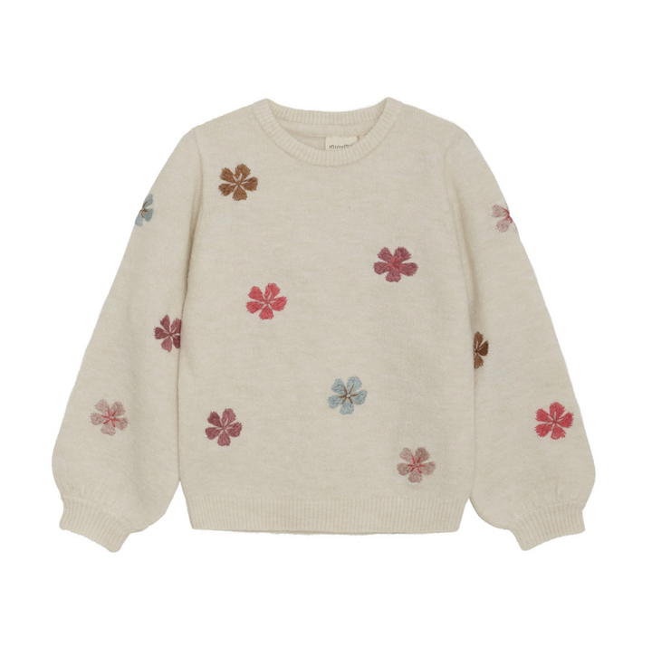 Minymo Embroidered Flower Pullover Knit Sweater - Sandshell