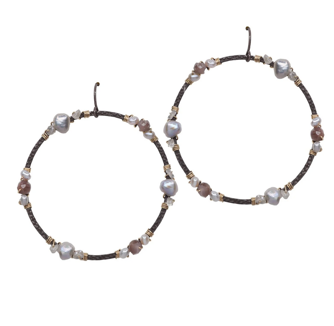Calliope Large Pearl & Chocolate Moonstone Circle Earrings