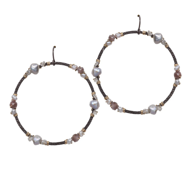 Calliope Large Pearl & Chocolate Moonstone Circle Earrings
