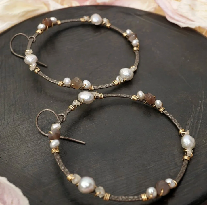 Calliope Large Pearl & Chocolate Moonstone Circle Earrings