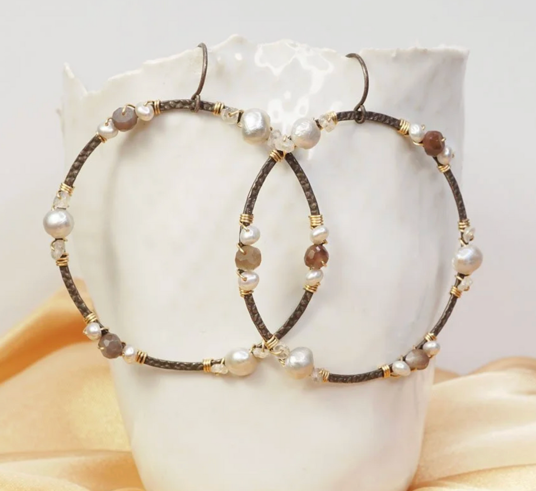 Calliope Large Pearl & Chocolate Moonstone Circle Earrings