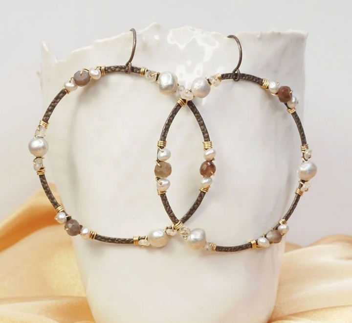 Calliope Large Pearl & Chocolate Moonstone Circle Earrings