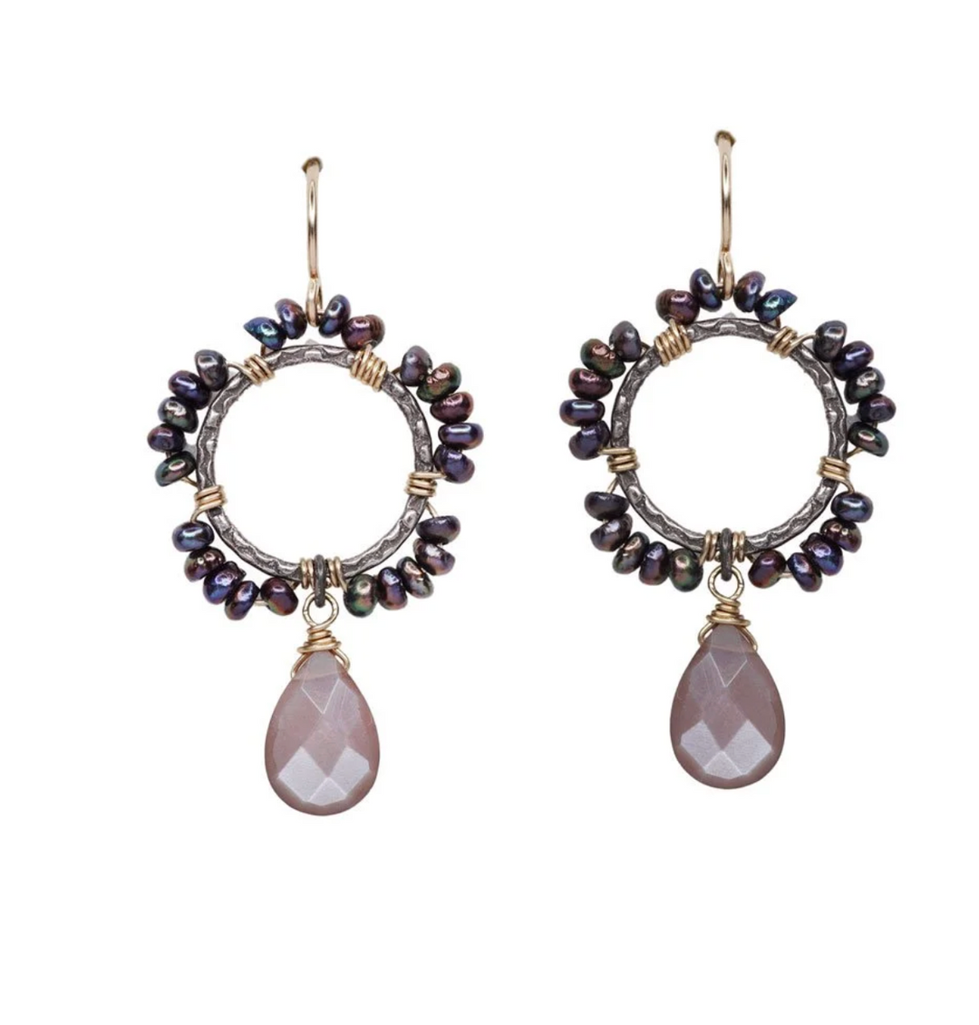 Calliope Tiny Peacock Pearl & Chocolate Moonstone Drop Earrings