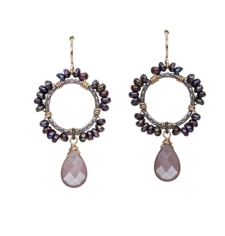 Calliope Tiny Peacock Pearl & Chocolate Moonstone Drop Earrings
