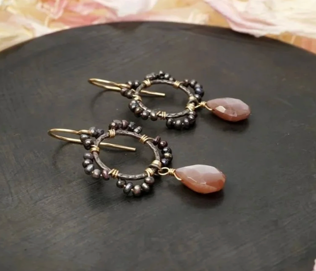 Calliope Tiny Peacock Pearl & Chocolate Moonstone Drop Earrings